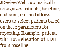 JReviewWeb automatically recognizes patients, baseline, endpoint, etc. and allows users to select patients based on these parameters for reporting. Example: patients with 10% elevation of LDH from baseline